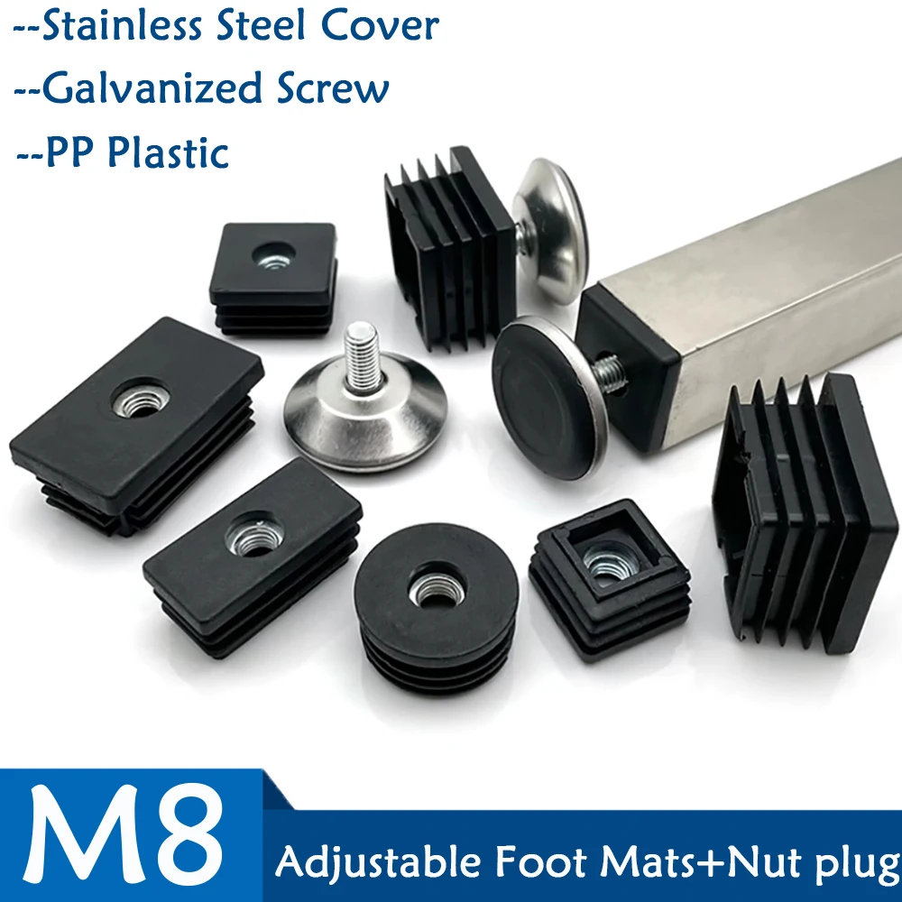 

M8 Stainless Iron Adjustable Foot Mats With Nut Blanking End Cap Pipe Plug Adjustable Screw Foot Pad Furniture Leg Cover End Cap
