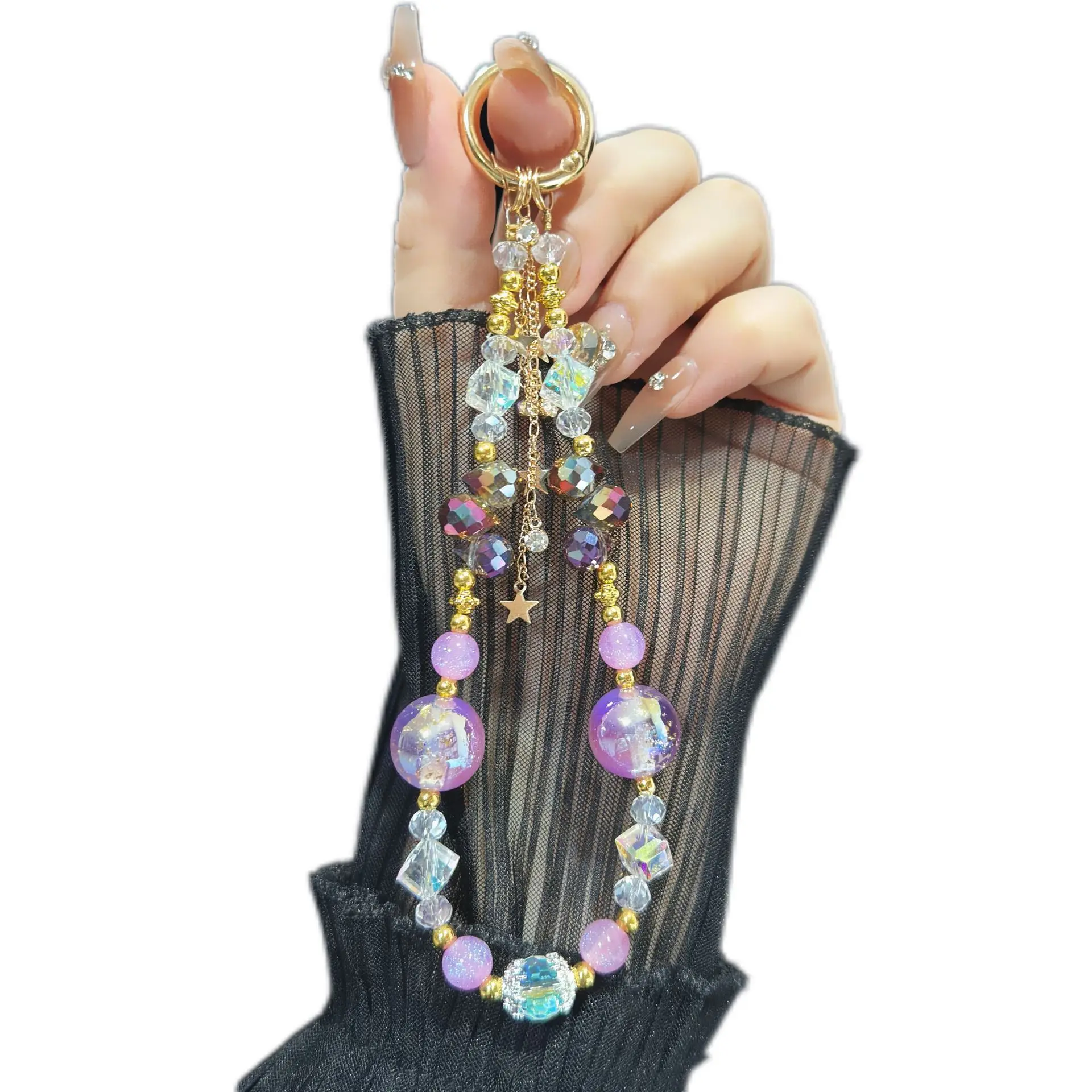 

For Light Luxury Crystal Mobile Phone Chain Beaded Short Wrist Chain Fashion Butterfly Pendant Gold Leaf Hand-Made Lanyard