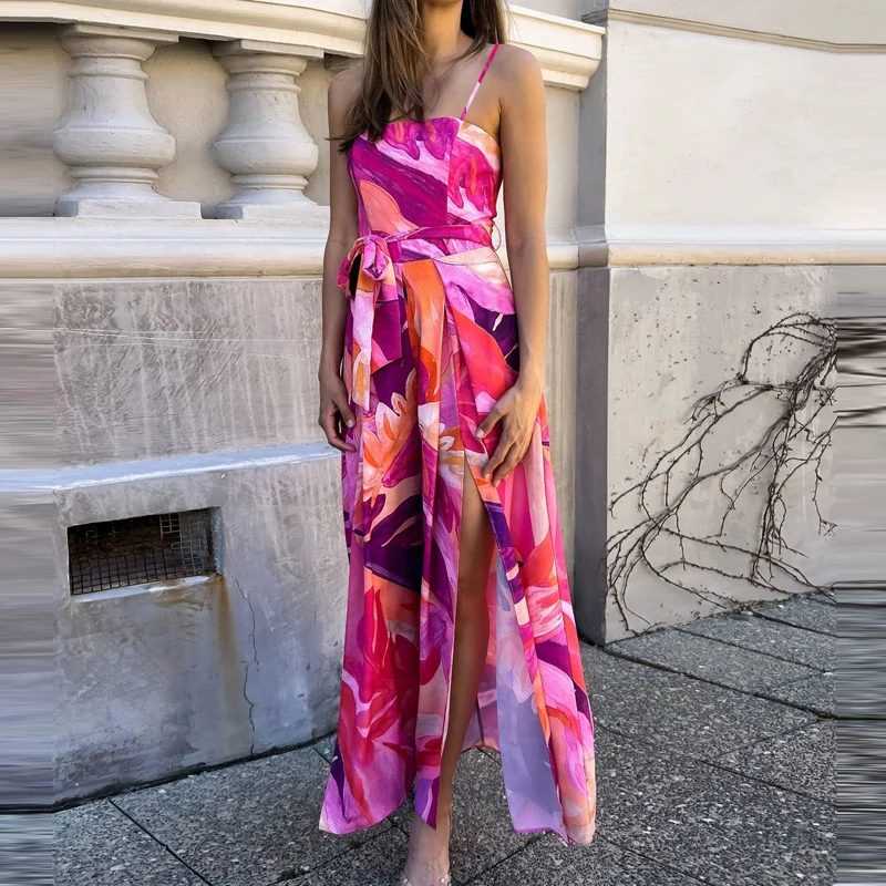 

Sexy Hollow Out Sleeveless Loose Playsuits Elegant Lady Backless Rompers Fashion Contrast Color Printed Halter Jumpsuits