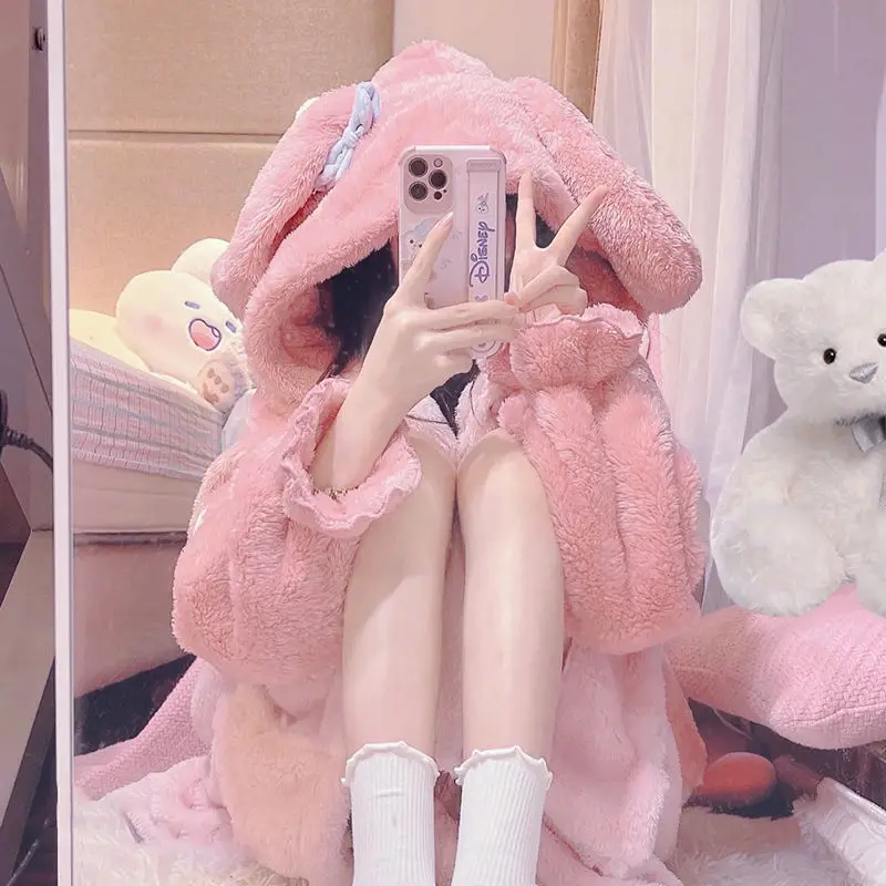 Women\'s Flannel Nightgown Winter Plush Warm Sleepwear Cosplay Rabbit Pajamas Costume Sweet Long Sleeves Sleep Dress Homewear