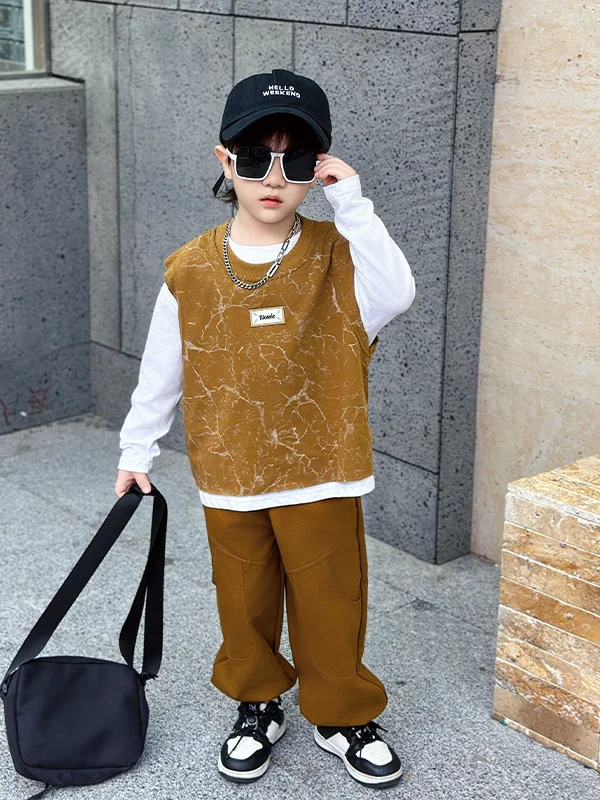 

Длинный жилет и брюки с принтом молний для мальчиков, осенний модный повседневный спортивный костюм для маленьких мальчиков, футболка, одежда для подростков