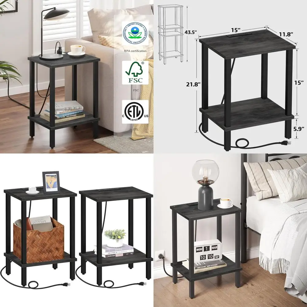 

Charging Station End Tables Set, 2-Piece, Compact Side/Nightstand, 2-Tier Shelf, Ideal for Small Spaces, Living/Bedroom, Charcoa