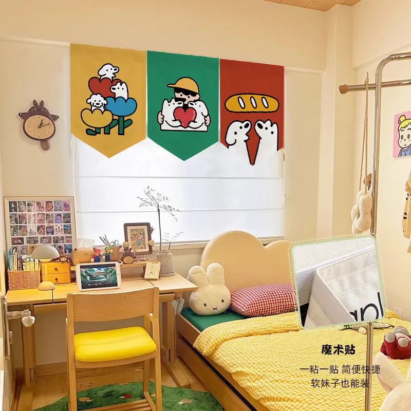VIKAMA Noren Triangle Flag Half Door Curtain Cartoon Animal for Kitchen Entrance Decor Custom