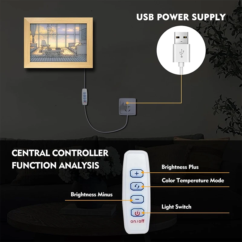 ตกแต่งไฟ LED ภาพวาดปลั๊ก USB Dimming Wall งานศิลปะตารางโคมไฟของขวัญในร่มแสงแดดหน้าต่างไม้ Photo Night Luminous