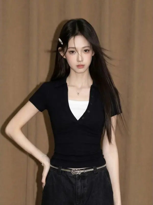 American Style Short Sleeve  Neck T-Shirt Women Slim Fit Summer Casual Cotton Polyester Blend Button Detail Top