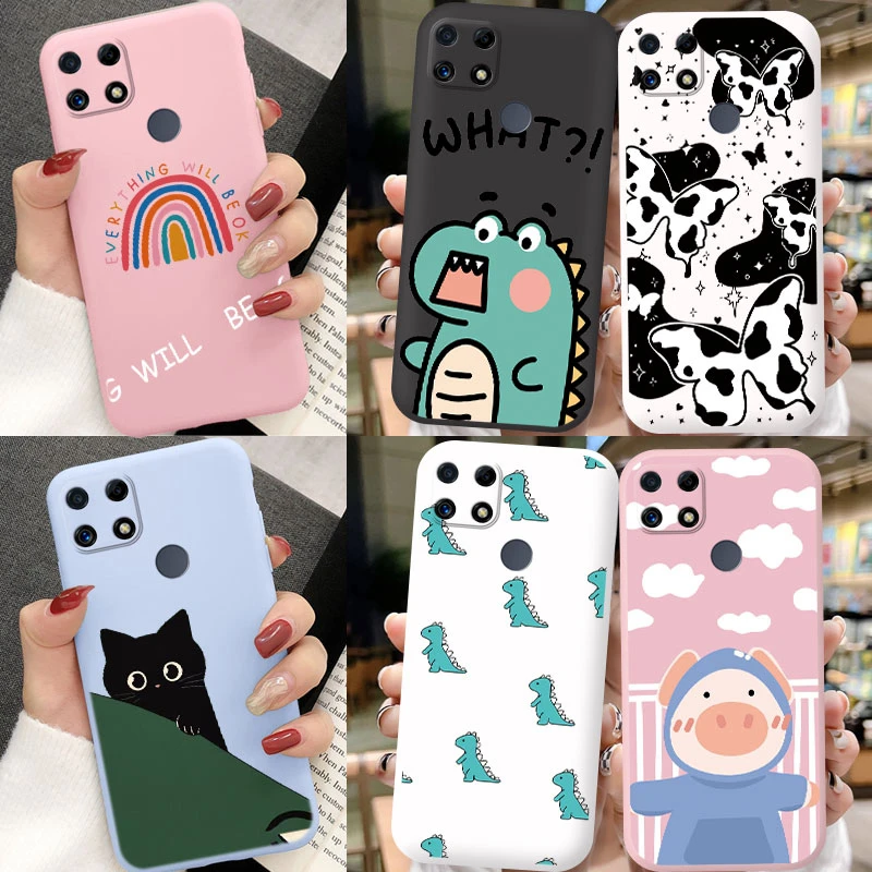 For Realme 8i 8 Pro 8 C30 C30S 8 V13 Q3i Q3 C25 C12 C25S C25Y C21Y Narzo 50i Prime 4G Cartoon Dinosaur Colorful Flora Phone Case