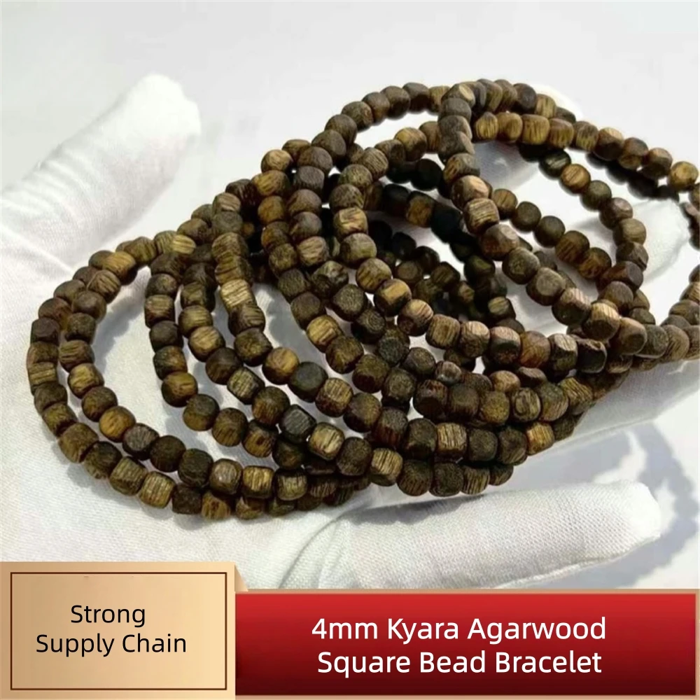 

5mm Green Kyara Agarwood Square Bead Bracelet, Authentic Hainan Old - Material Log Sugar - Cube Bead Bracelet, Agarwood Jewelry