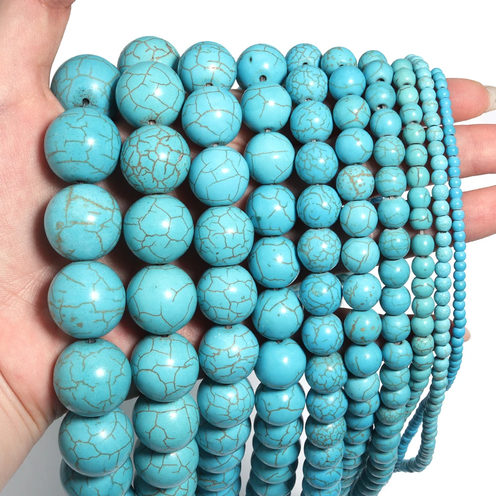 Smooth Blue Stripe Turquoises Round Loose Beads DIY Bracelet Necklace Accessories 15'' Strand 3-20mm for Jewelry Making Supplies
