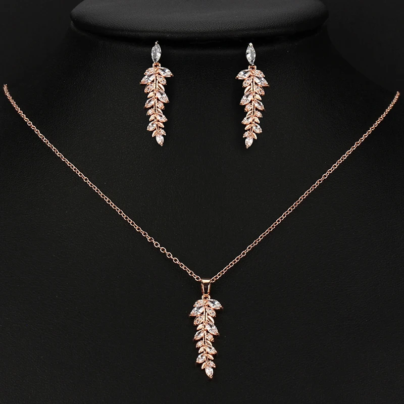 Fashion Gold Color Leaves Jewelry Set for Women Zirconia Dangle Drop Earring and Necklace Elegant Korean Crystal Wedding Jewelry