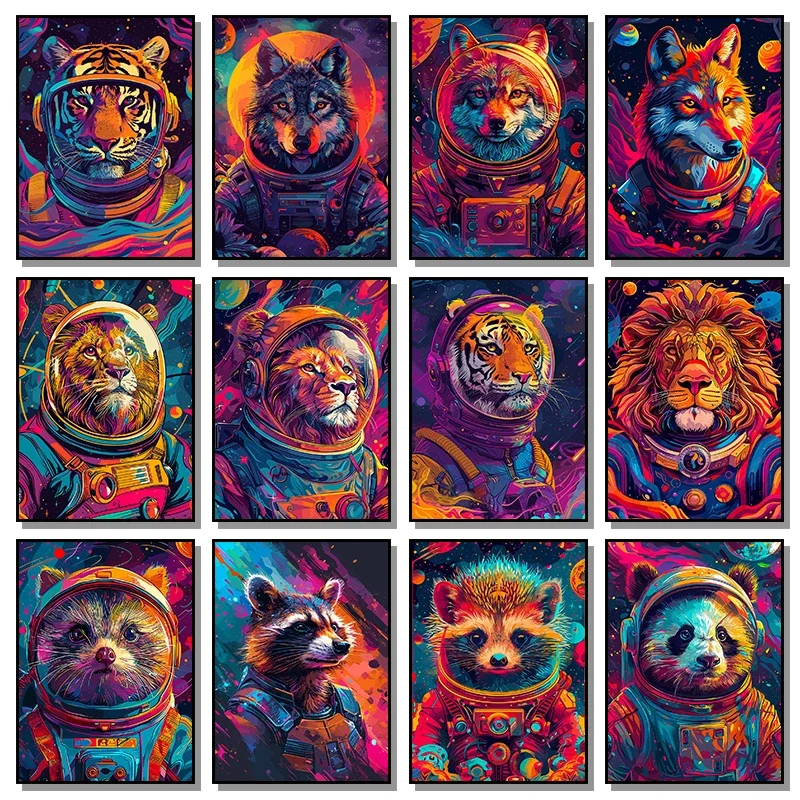 Poster Cartoon Cute Animals Astronaut Space Wall Art Canvas Painting Prints Pictures for Modern Living Room Home Decor Frameless