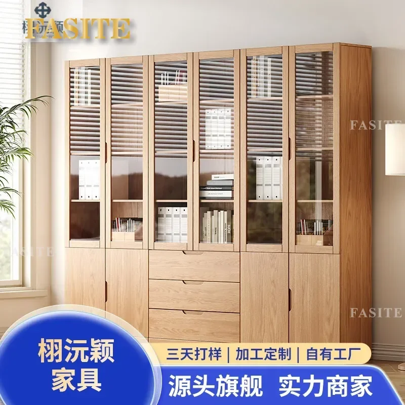For Oak Bookcase All Solid Wood Glass Door Floor Standing Bookshelf Wall Mounted Study Cabinet Storage Furniture