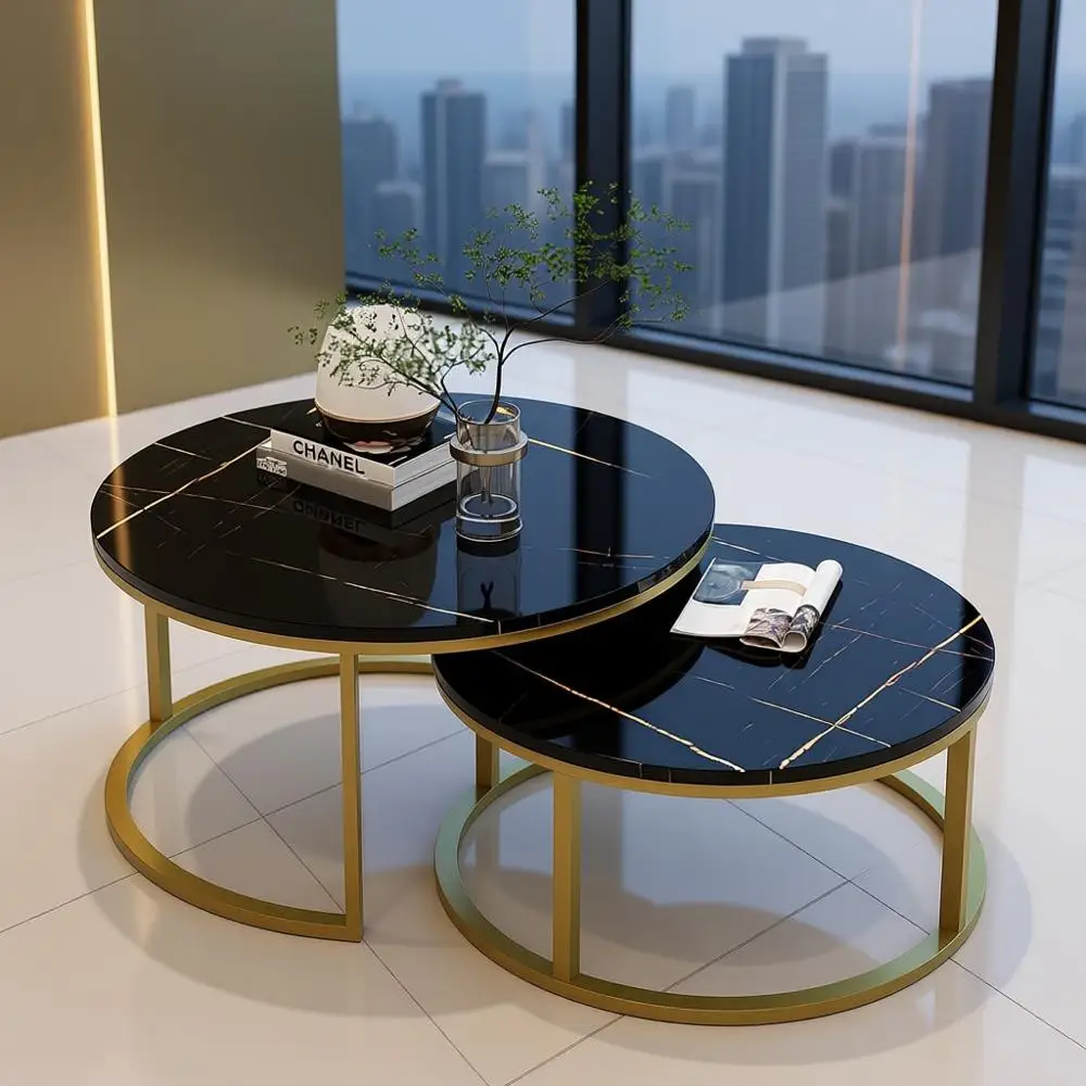 

Современный комплект журнальных столиков в золотой рамке, большой 34 и маленький 26, глянцевый черный мрамор, мебель для гостиной
