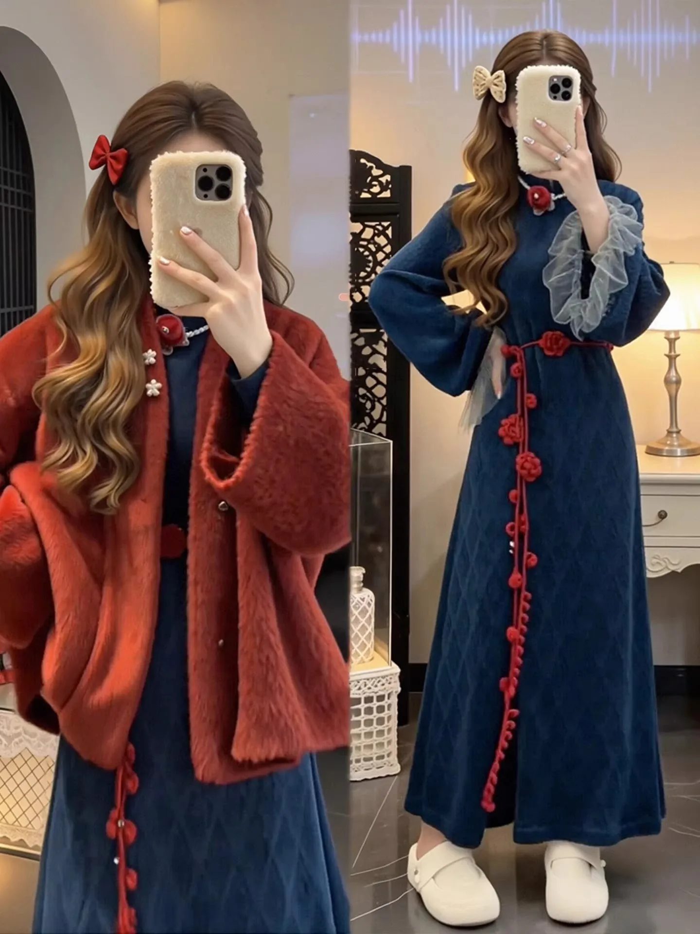 

Red Woolen Coat And Dr Set for plus Size Women Beautiful Chinese Sle Winter Faion Two-Piece Suit Warm And St...