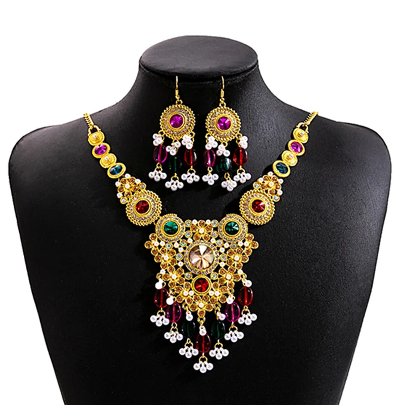 Retro ethnic jewelry set, exaggerated luxury water drop necklace, court style round fringed earrings for women
