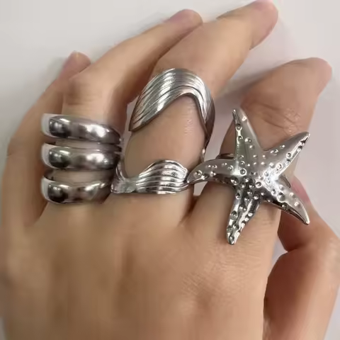 Stainless Steel Irregular Multi-Layer Ring Vintage Silver Color Starfish Open Adjustable Rings for Women Men Personality Jewelry