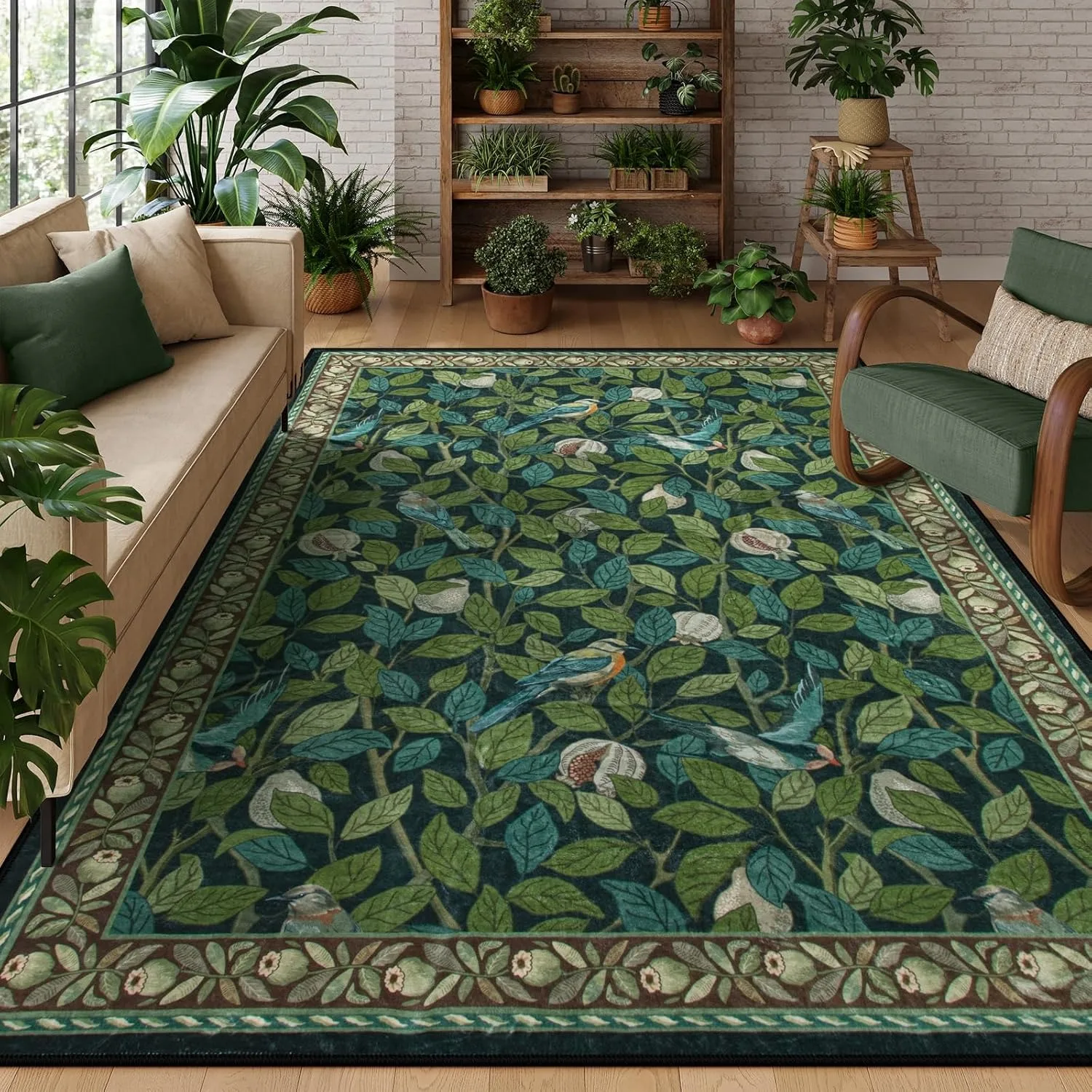 

Living Room Carpet Non-slip Machine Washable Soft Floor Mat Green Plant Retro Ethnic Style Rugs Large Size Home Decoration Mats