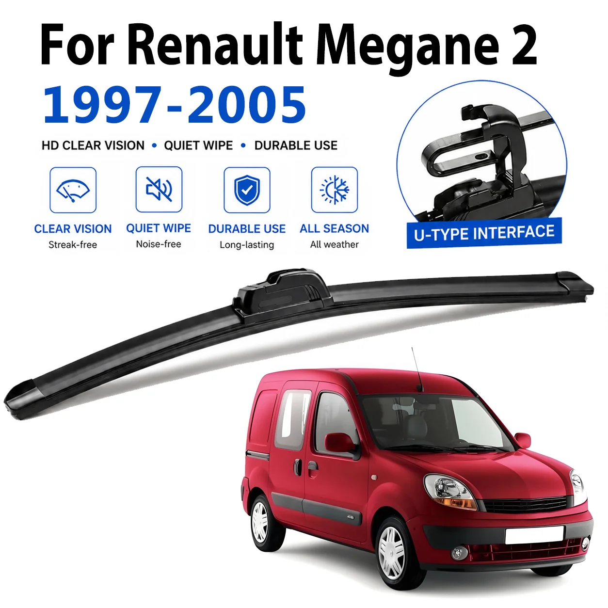 HD Wiper Blades For Renault Kangoo MK1 1997-2005 Standard All Weather J Hook U Long-lasting Quiet Soft Rubber Windscreen Wipers