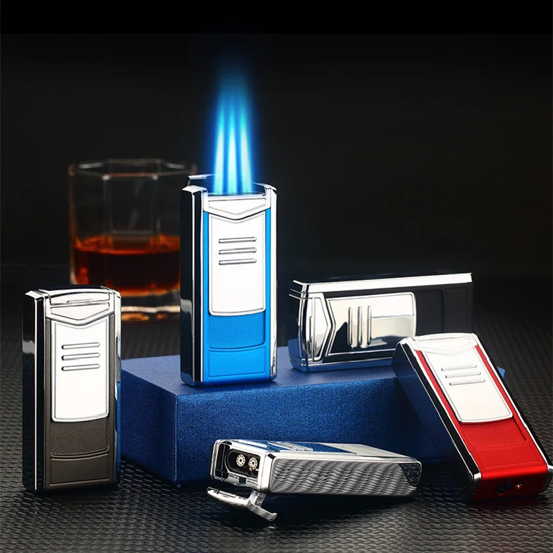 Creative Strong Outdoor Windproof Butane Gas Lighter Blue Flame Straight Jet Metal Turbo Three Torch Cigar Tool Men\'s Gift