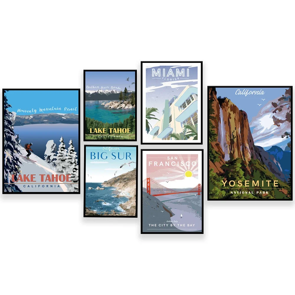 

Lake Tahoe Paradise Ski Resort, Golden Gate Bridge San Francisco, California, Yosemite National Park, Miami Travel Poster