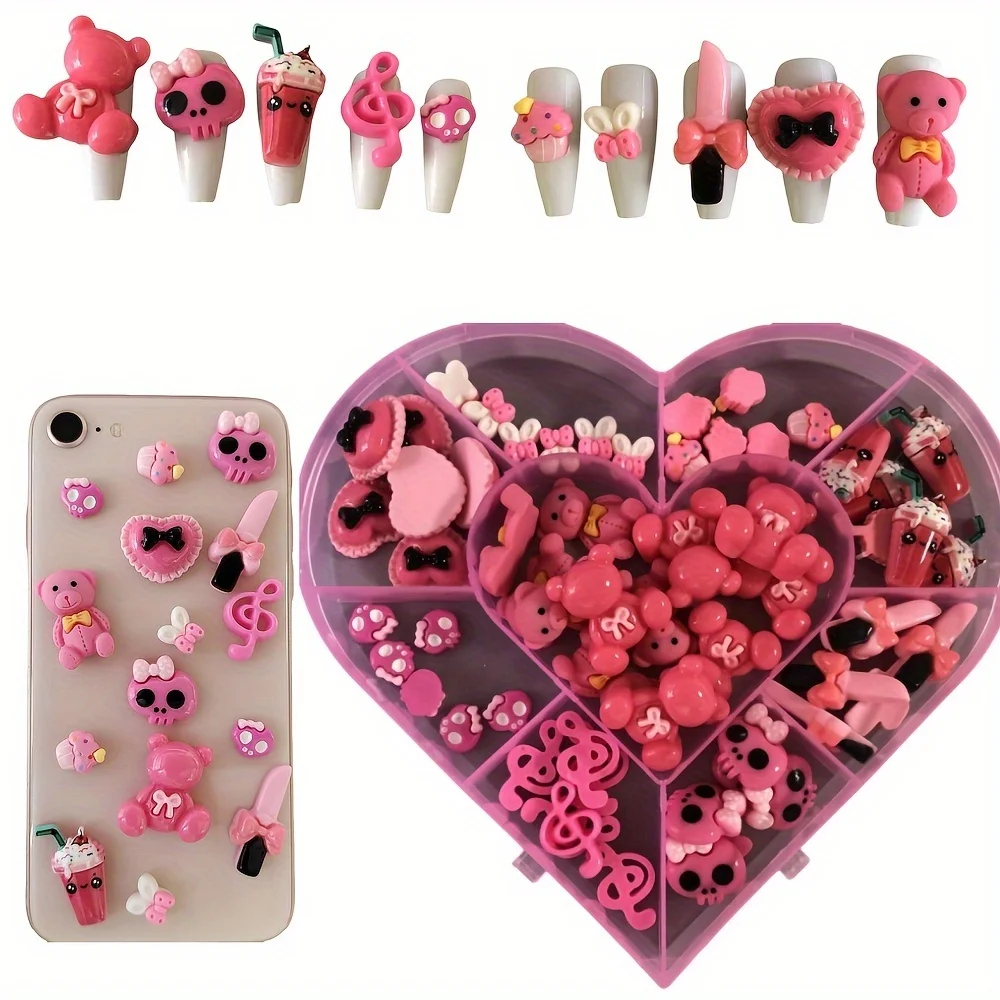 60Pcs Y2K Purple Kawaii Teedy Bear Music Note Long Nail Art Decoration Charm Custom Junk Phone Case Ipadjunkcase Accessories