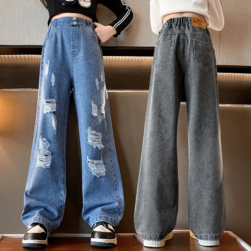 

Teenage Girls Ripped Jeans 2024 Spring Summer Casual Kids Baggy Wide Leg Long Trouser Children's Hip Hop Denim Pants 12 13 14 15