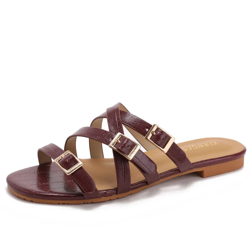 

Женские летние шлепанцы с нескользящей подошвой, бордовые кожаные сандалии с ремешками, повседневные универсальные комфортные сабо