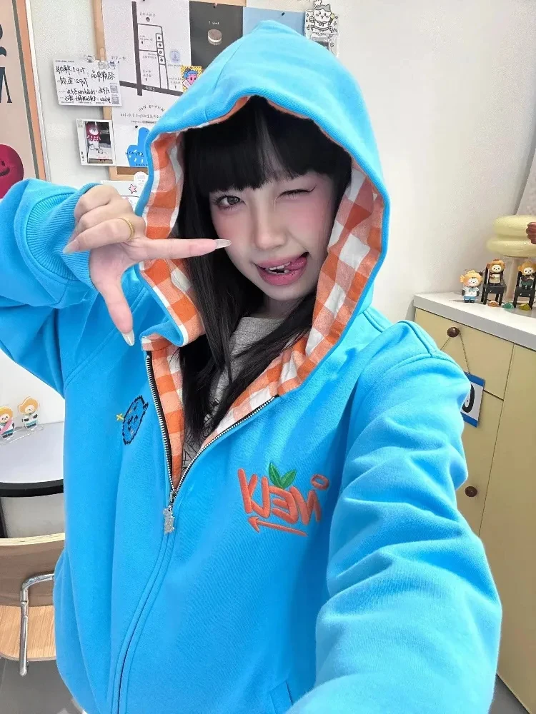 

Забавные толстовки с вышивкой мультфильмов, женские клетчатые лоскутные толстовки из чистого хлопка с капюшоном, корейские свободные повседневные шикарные пальто с завинчивающейся резьбой