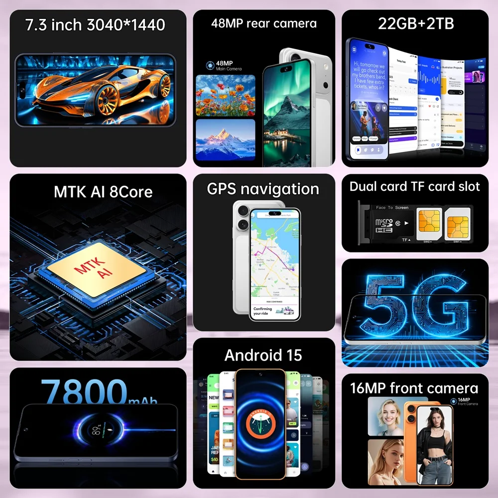 K-Touch Smartphone 5G For M18 Pro Max Smart Mobile Phones 5G Dual Sim Android 22G+2TB 7.3inch Cell Phone 16+48MP Face Unlocked 7800mAh Battery Cellphone