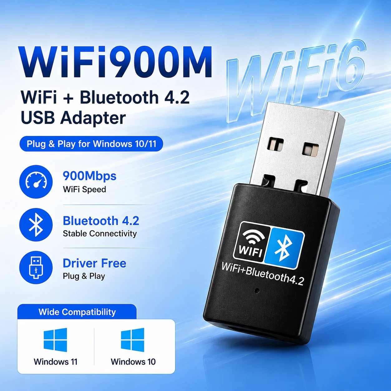 900Mbps 2.4G/5G Dual Band WiFi Adapter,BT4.2 2-in-1 Plug Play Wireless Receiver for Gaming Desktop Laptop Win10/11