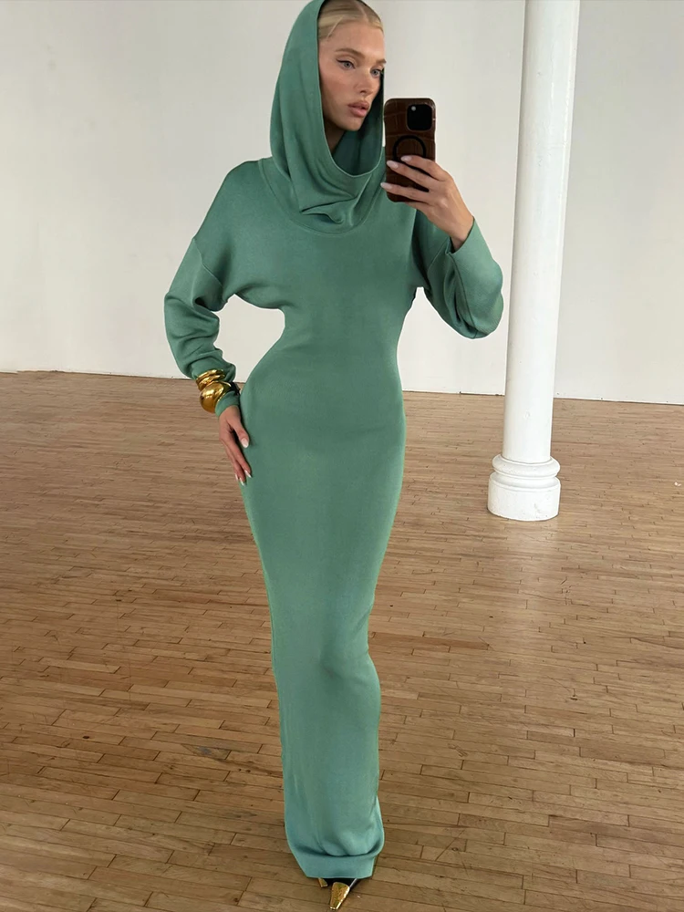 Sisterlinda Trend Sexy Mit Kapuze Kleid Frauen Herbst Volle Hülse Elegante Neue Stil Einfache Feste Weihnachten Stretch Dünne Bodycon