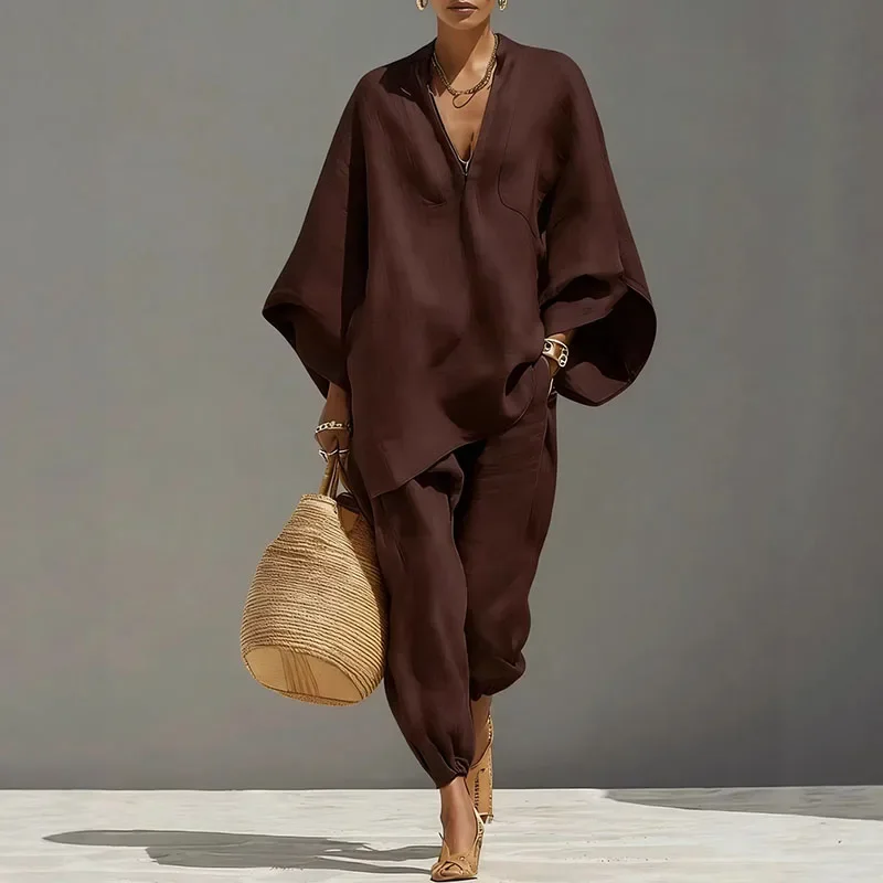 Female Clothing Two Piece Set Spring V Neck Loose Top Pullover & Long Pants Outfits Woman Batwing Sleeve Vintage Suit Mujer
