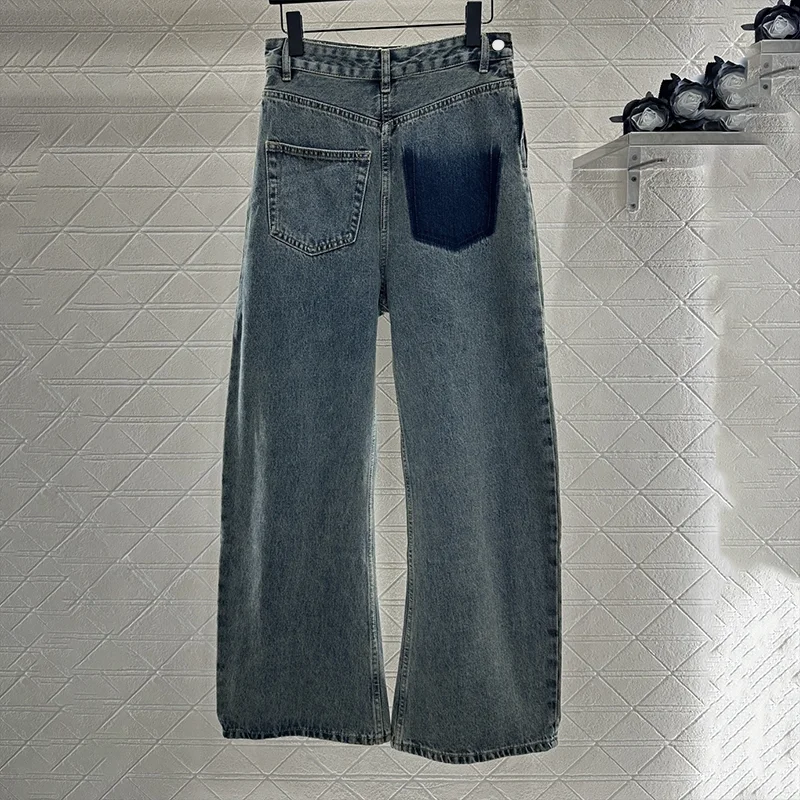 

High-quality women's streetwear niche-style blue vintage washed cargo jeans for autumn, loose and wide fit pants 2592548
