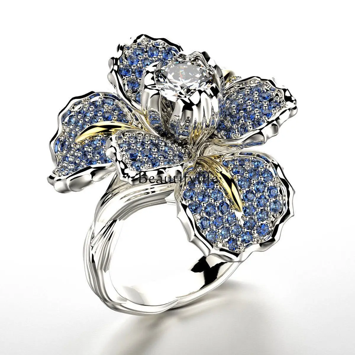 

Slightly studded with diamond iris two-tone ring, European and American blue flower engagement cocktail ring