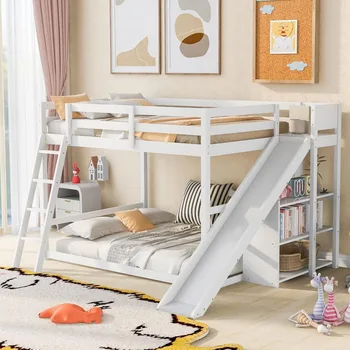 Beliche completo sobre beliche com escorregador e prateleiras de armazenamento, estrutura de beliche de piso de madeira, cama infantil para quarto, dormitório de adolescentes