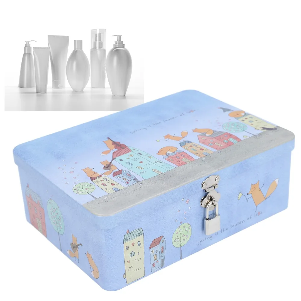 With Lock Lid Tinplate Storage Box Large Capacity Compact Lockable Tin Box Cartoon Square Storage Box With Lock