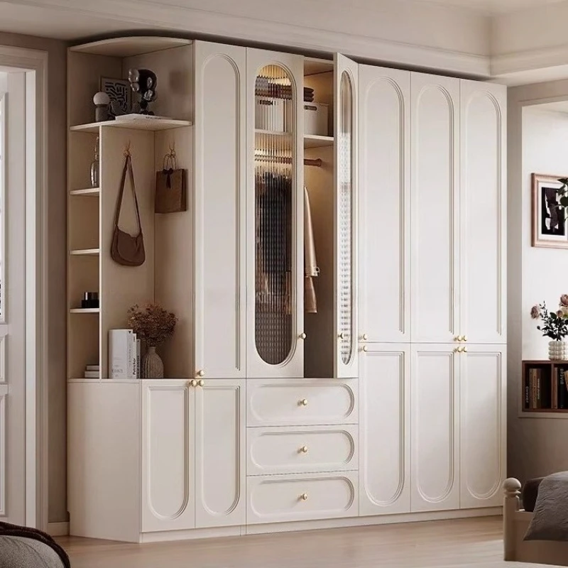 French Cream Style Segmented Wardrobe Storage Cabinet Minimalist Modern Heightened Wardrobe Bedroom Furniture Reeded Glass