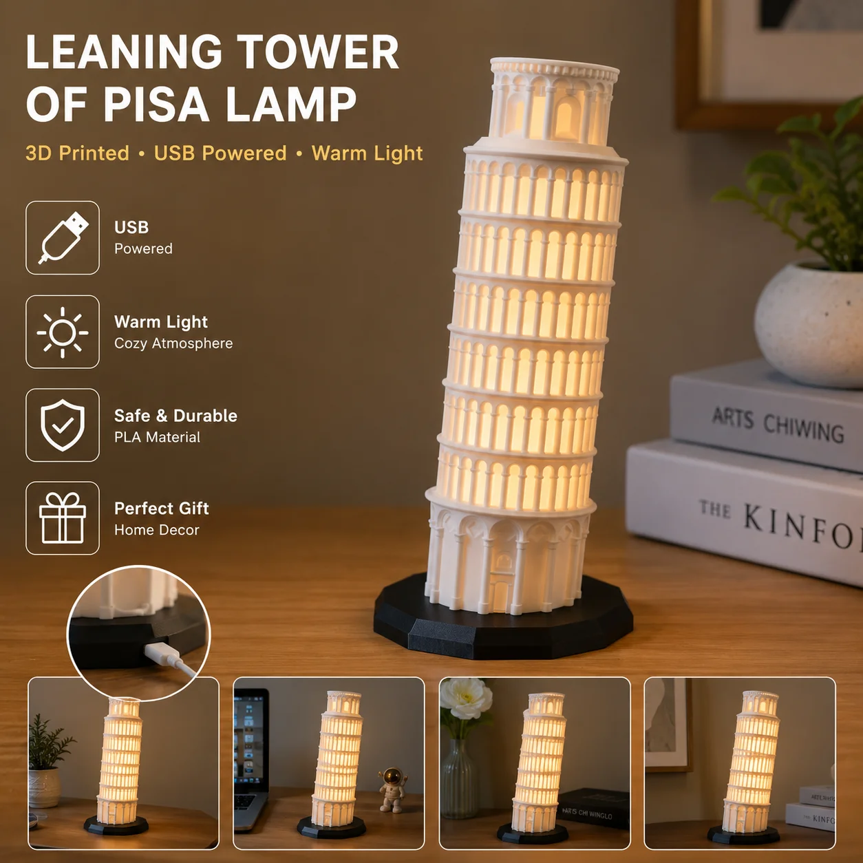 Leaning Tower of Pisa Lamp USB Night Light 3 Color Changing Dimmable Desk Lamp PLA Material Decorative Table Lamp Creative Gift
