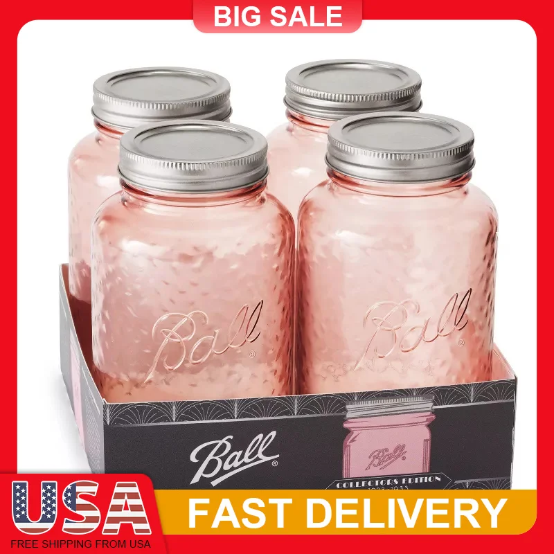 

4 Pack 32Oz Mason Jars Pink Vintage Glass Canning Jars with Lids Bands Dishwasher Safe for Preserving Crafts