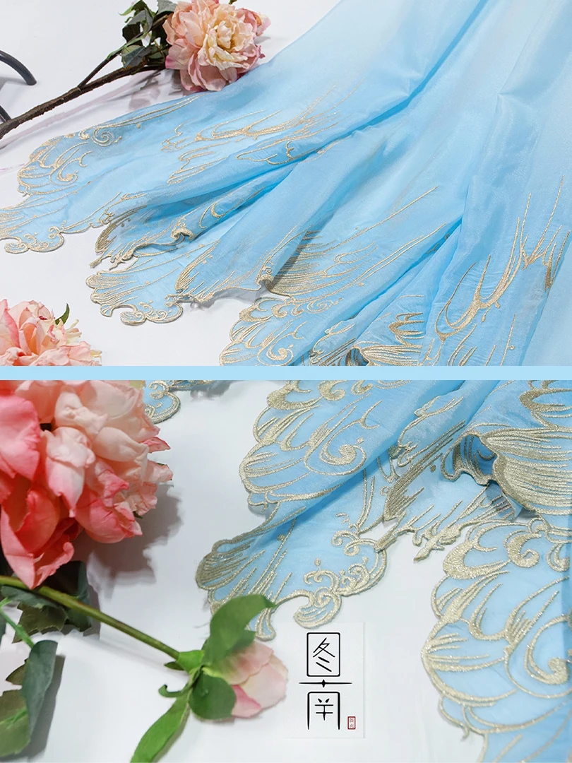 embroidery green blue Gradient color  soft  fabric DIY hanfu shirts doll cloth (Repair the fabric edges by yourself)