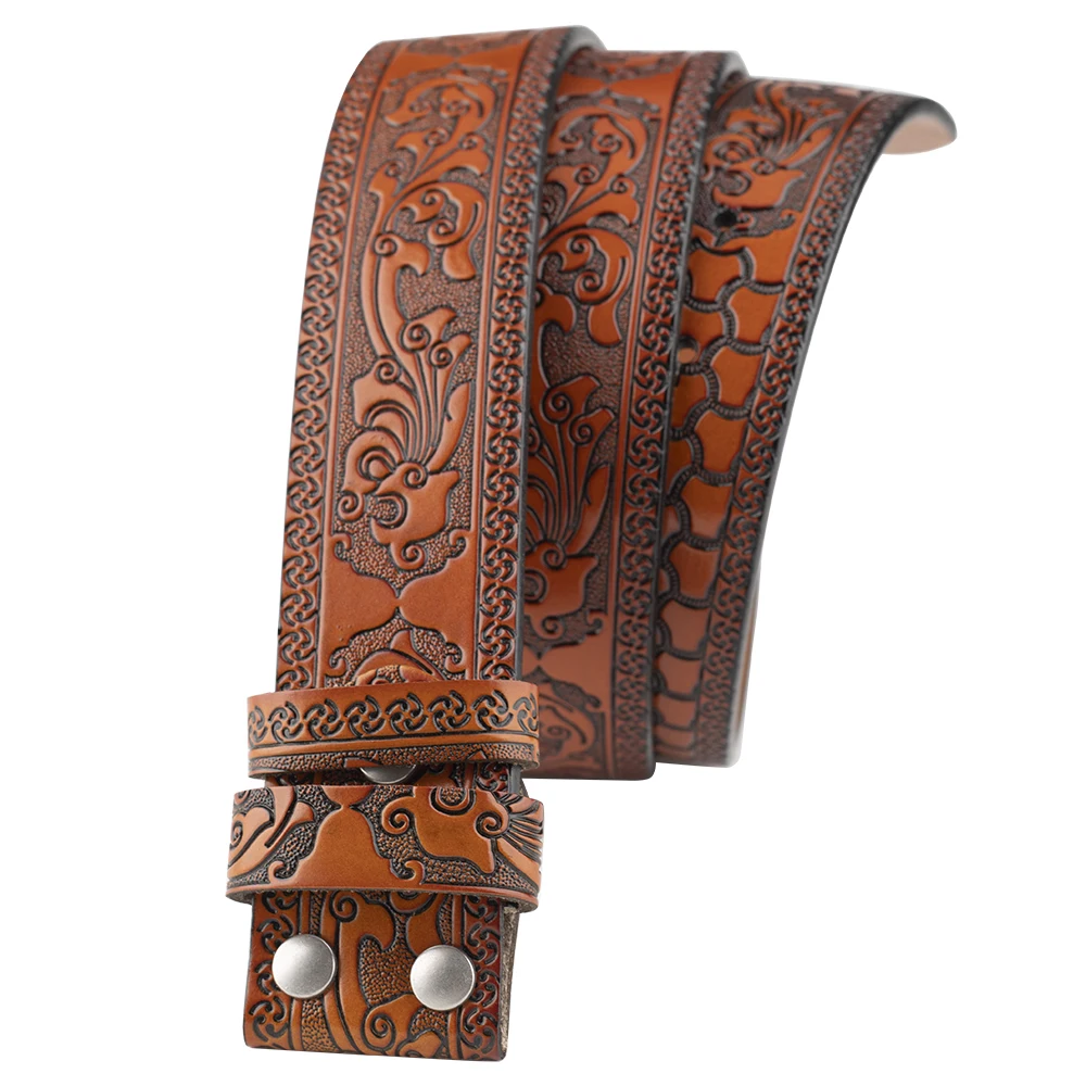 No Buckle Vintage Embossed Belts for Men Cowboy Clothing Accessories Split Leather