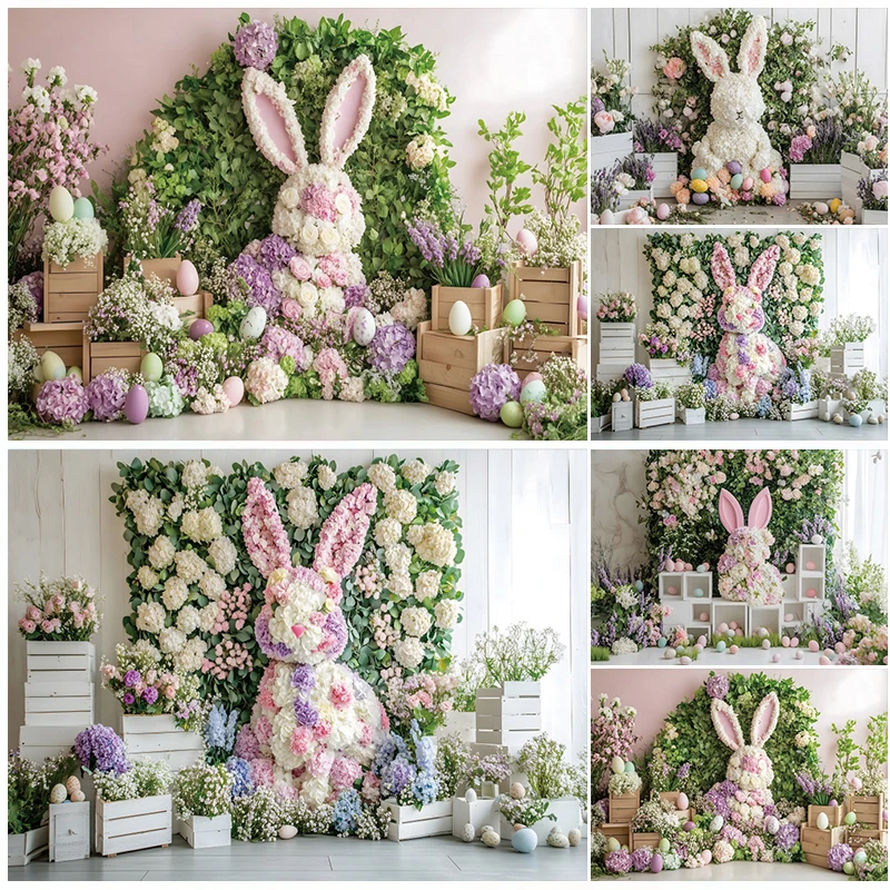 

Spring Easter Backdrop Rabbit Flower Colorful Eggs Cute Bunny Wooden Box Green Grass Easter Kids Portrait Photography Background