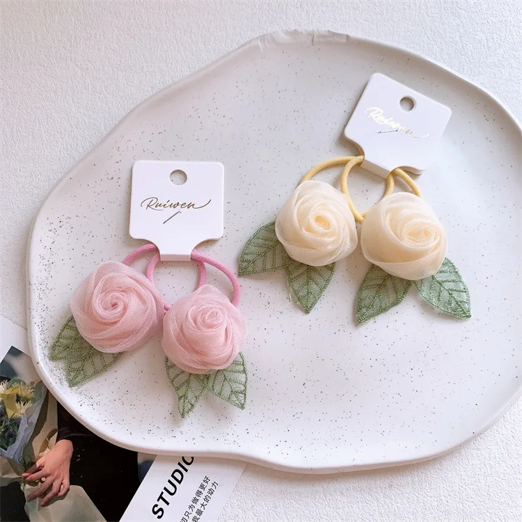 

2pcs Fashion 3d Rose Flower Hair Ties Pink Mesh Elastic Hairbands Children Girls Sweet Hair Ties Fashion Headbands Rubber Bands