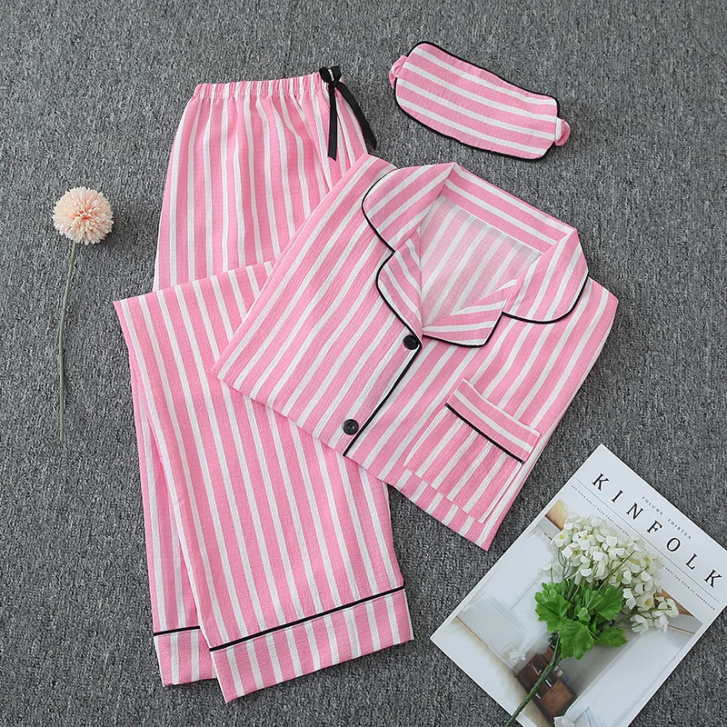 Spring Women's Pajamas Set Turn-down collar Long Sleeve Tops and Pants eyeshade 3 Pieces Sets Sleepwear Heart Print Nightwear Ho