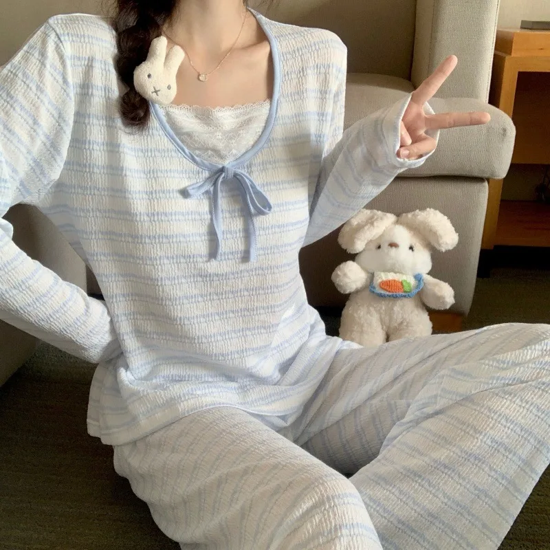 New Style Striped Long-sleeved Trousers Pajamas with Chest Pads for Women Spring and Autumn Simple Casual Loose Home Clothes
