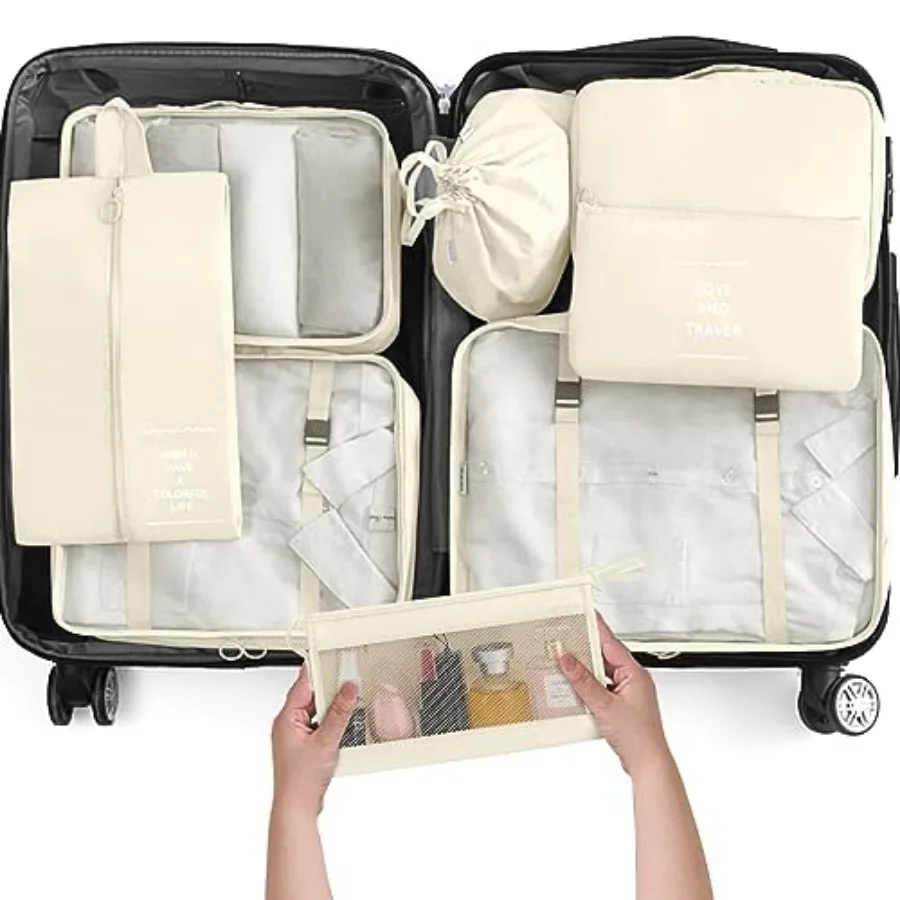 8 Set Packing Cubes for Travel, Luggage Packing Organizers Accessories Large Toiletries Bag for Clothes Shoes Cosmetics Beige