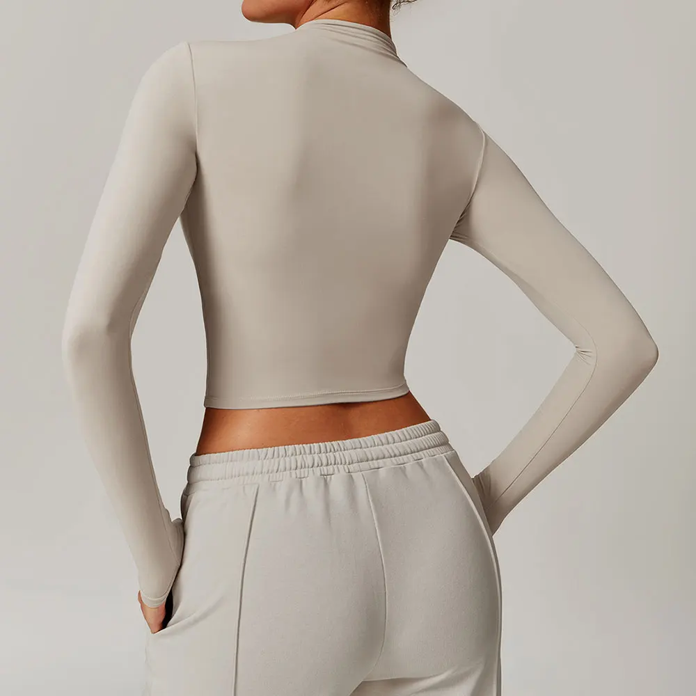 Women Crop Tops High Neck Yoga T-shirts Solid Sports Top Long Sleeve Running Shirts Exposed Navel Quick Dry Fitness Gym Sport