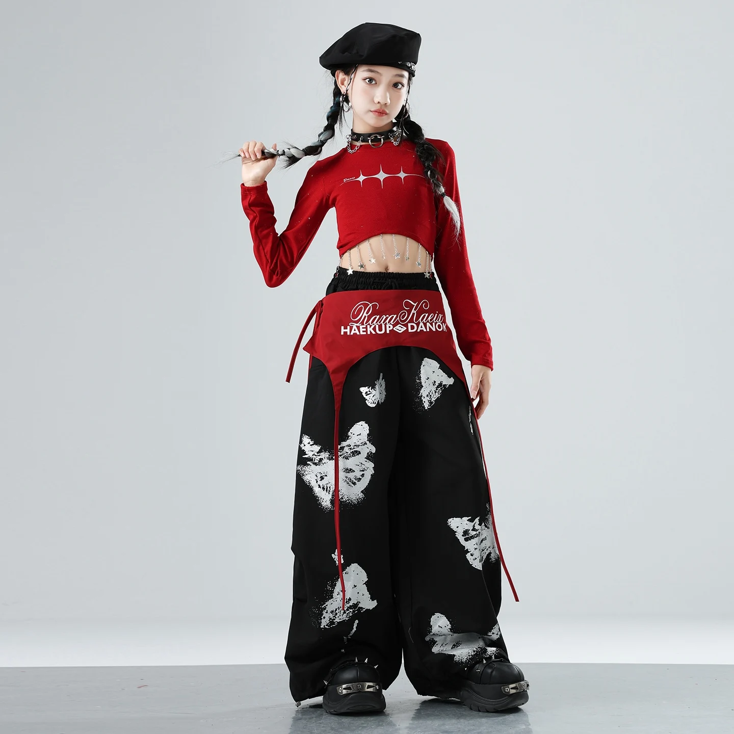 Meninas jazz hip hop roupas de dança vermelho nacel topos baggy sweatpants roupas prática salão mangas compridas rua danewear bl17135