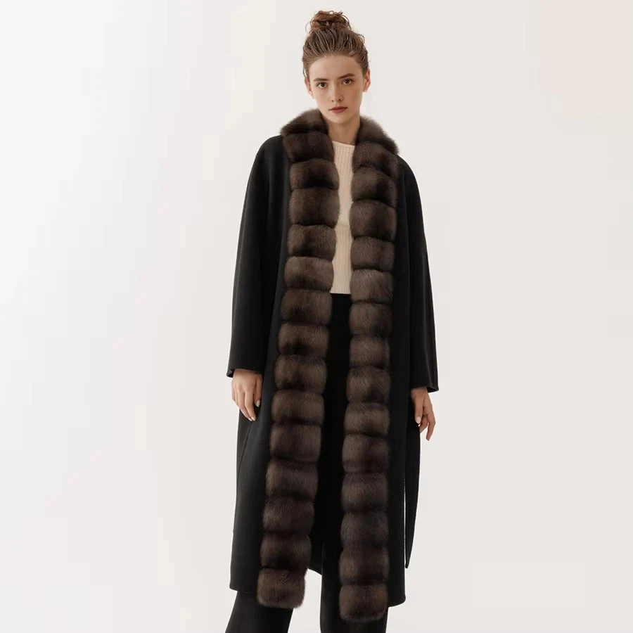 本物の狐の毛皮の襟付きコート、新作カシミヤウールコート、レディースロングウールコート、冬用ウールジャケット