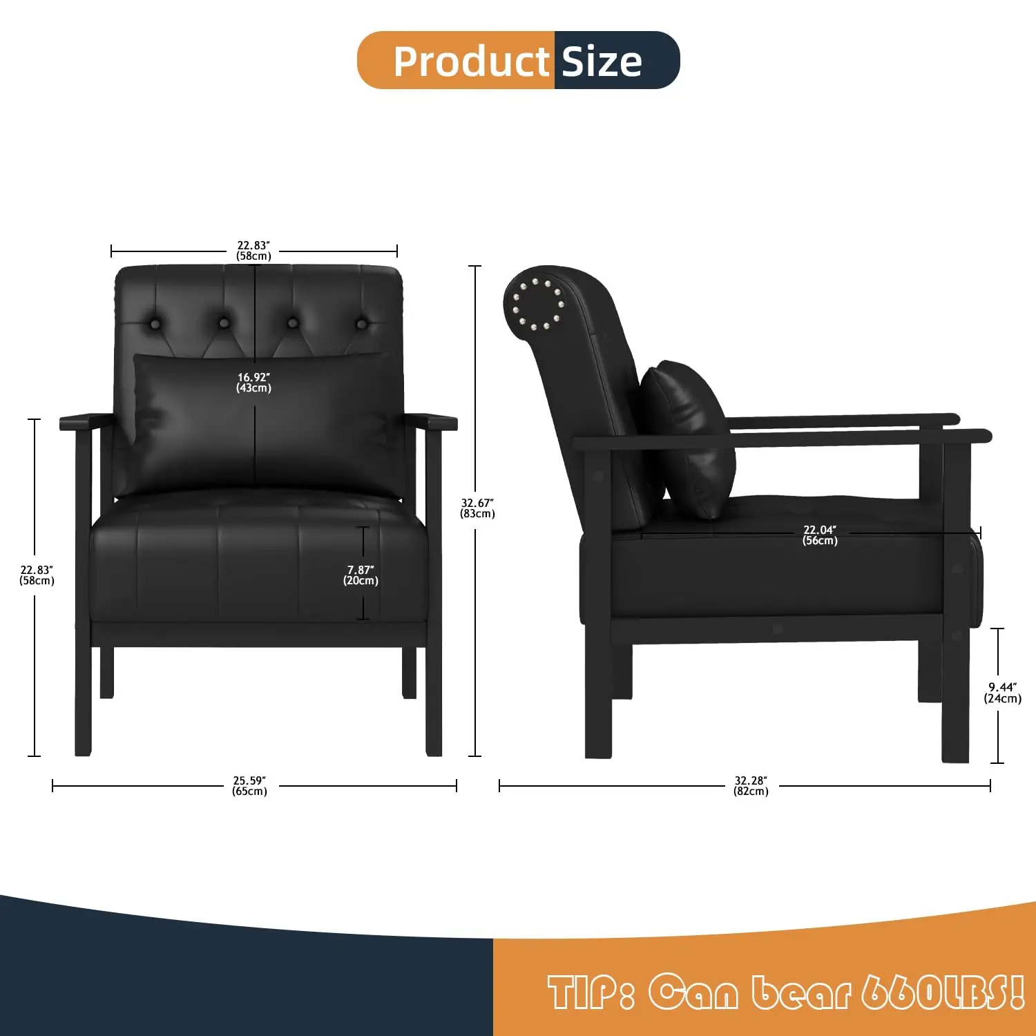 Black Faux Leather Accent Armchair with Pillow, Mid Century Modern Side Chair for Living Room Office, Small Comfy Seat, Customiz