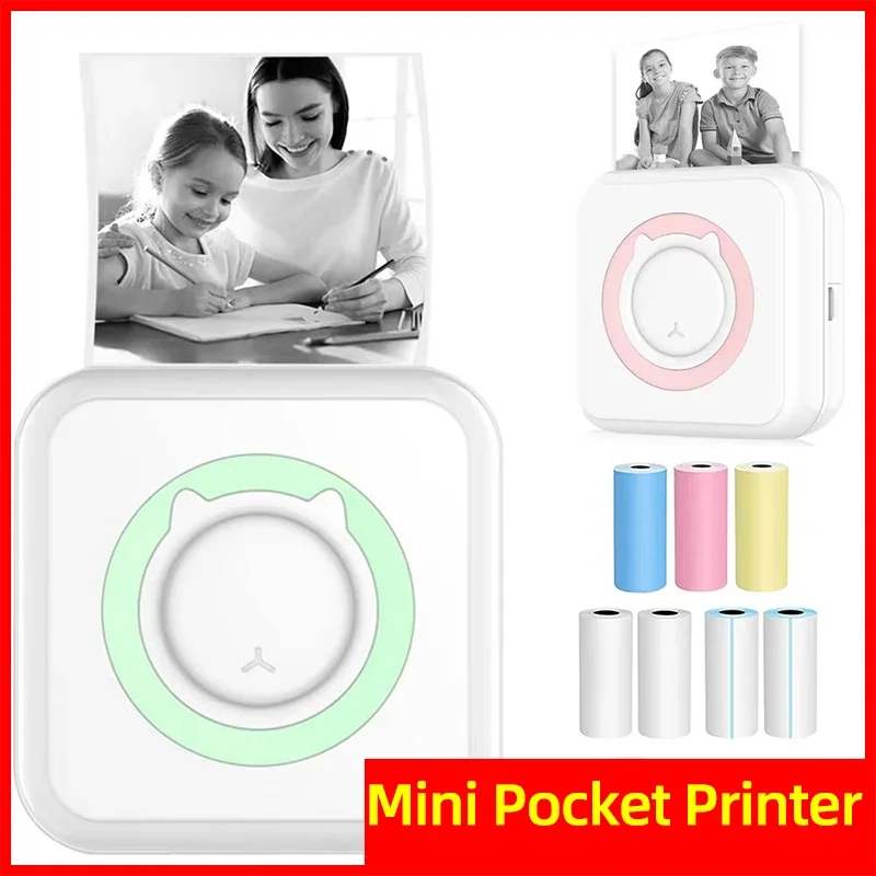 Mini Thermal Label Printer Smart Pocket Portable Photo Printer For Phone Wireless Bluetooth Adhesive Miniprint W/ Printing Paper